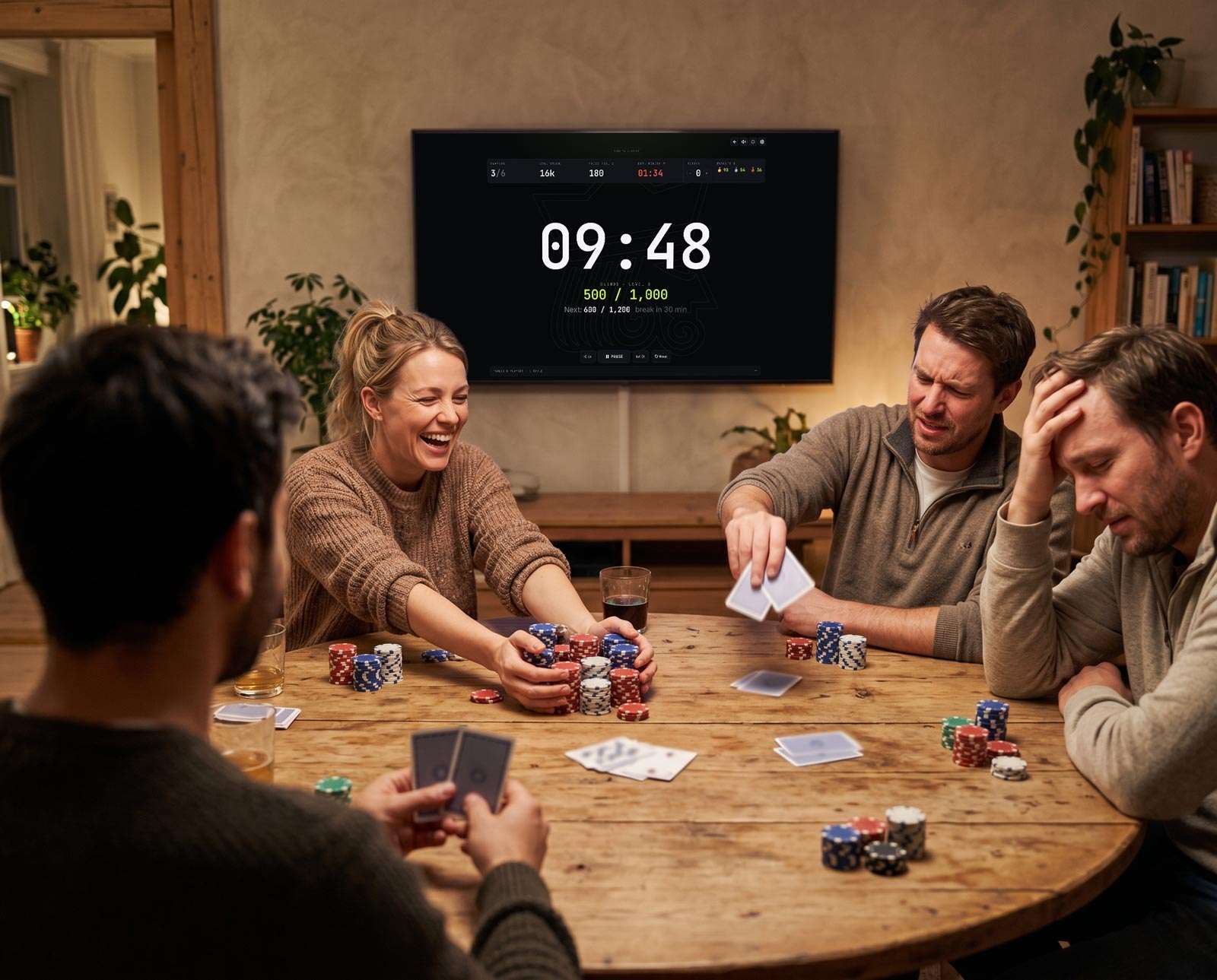 A woman laughs as she rakes in a big pot of chips while the other players groan, the poker timer on the TV behind them