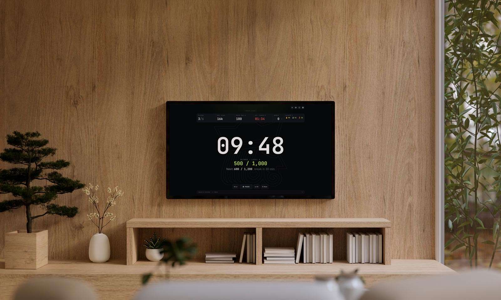 A calm living room with the poker timer counting down on the wall-mounted TV, everything set for poker night