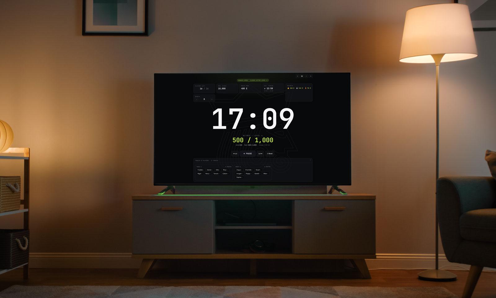 The All In Central poker timer running fullscreen on a living-room TV, showing the blind level countdown, blinds and payouts