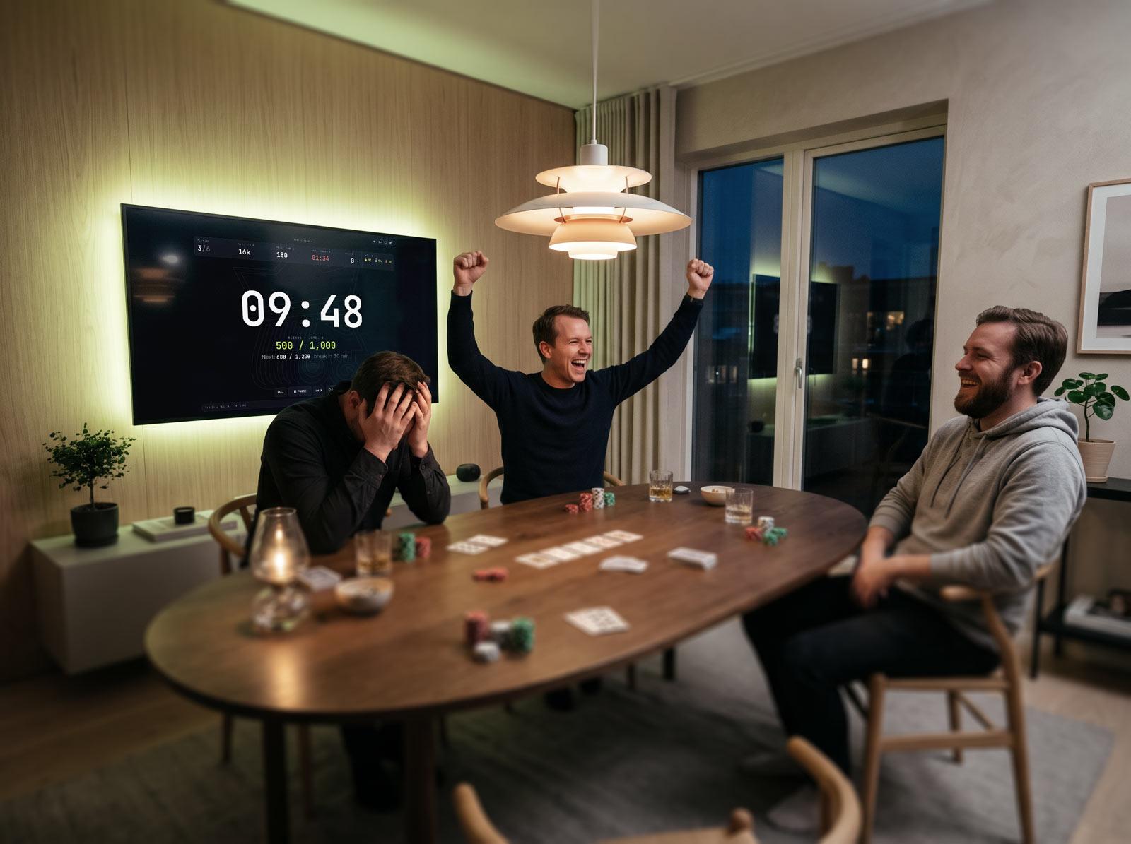 Three friends on poker night around the table, with the poker timer counting down on the TV behind them